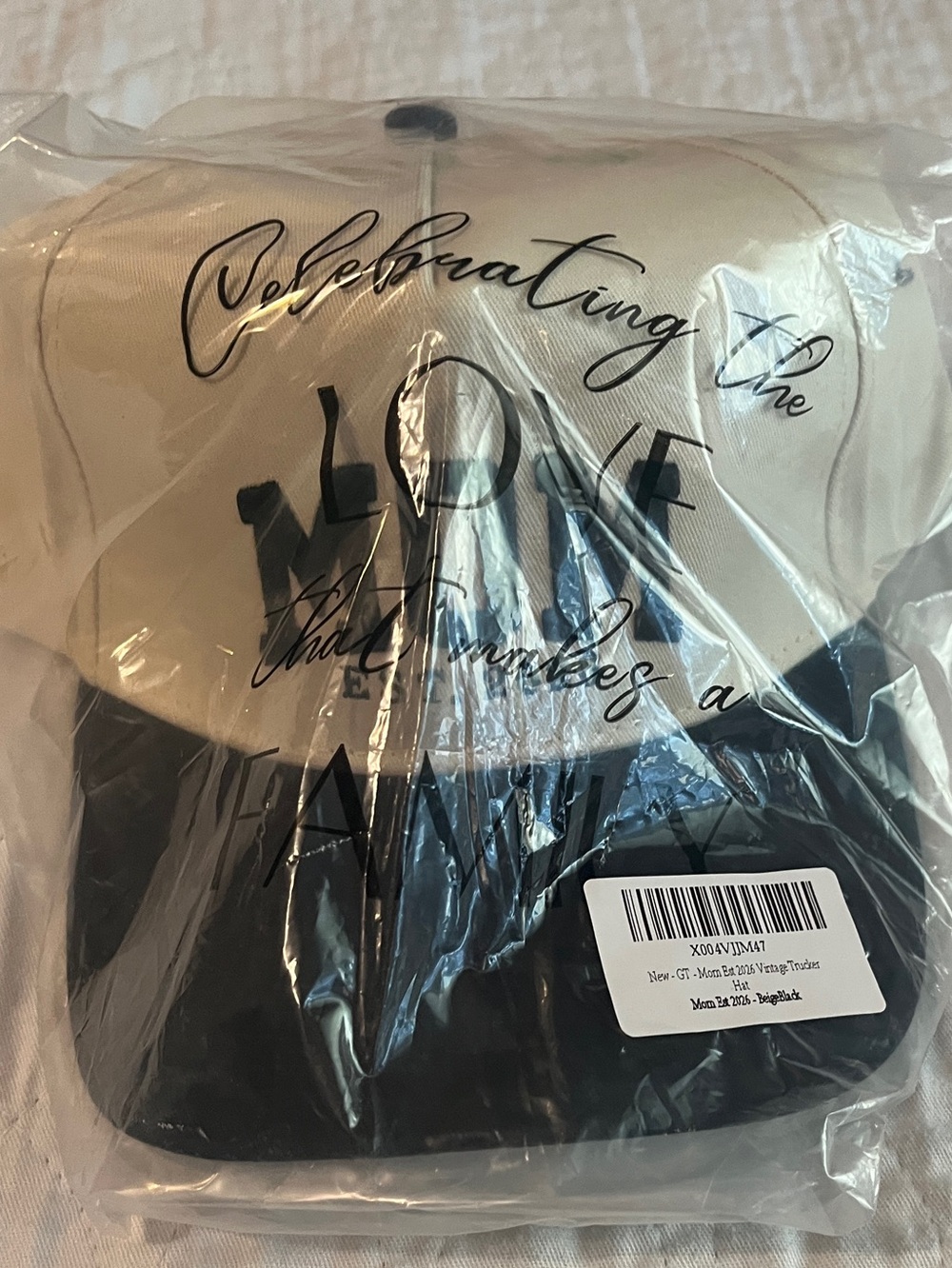 Neutral Two-Tone Baseball Cap with Script MOM EST. 2026 Print - Black & Cream